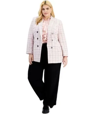 Bar Iii Plus Size Tweed Open Front Blazer Ruffle Front Blouse Tab Waist Pleated Trousers Created For Macys
