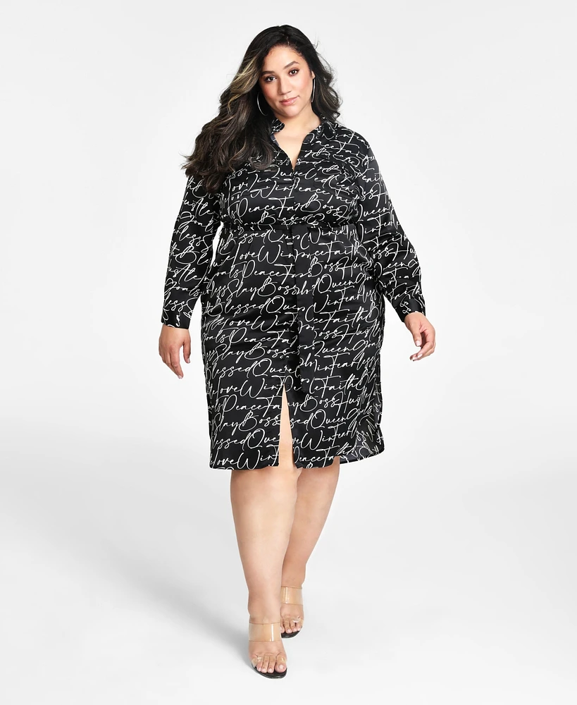 Nina Parker Trendy Plus Size Printed Satin Shirtdress