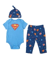 Dc Comics Baby Boys Justice League Batman Superman Flash Bodysuit Pants and Hat 3 Piece Outfit Set Newborn to