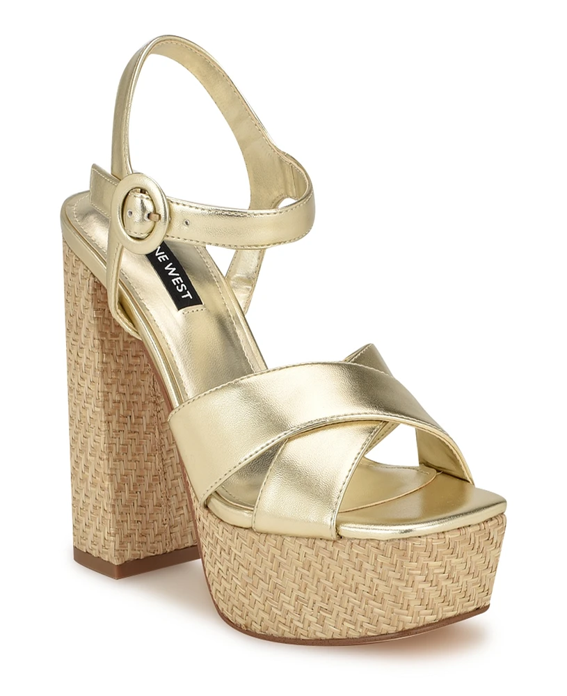 Nine West Women's Vallen Block Heel Open Toe Dress Sandals - Gold- Faux Leather