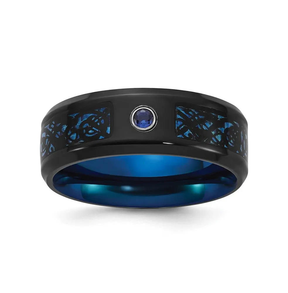 Chisel Stainless Steel Black & Blue Ip-plated Cz Clear Epoxy Band Ring