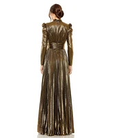 Women's Long Sleeve Keyhole Neck Heat Pleat Metallic Gown