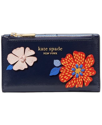 Kate Spade New York Dottie Bloom Flower Applique Saffiano Leather Small Slim Bifold Wallet