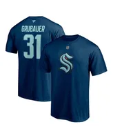 Men's Fanatics Philipp Grubauer Deep Sea Blue Seattle Kraken Authentic Stack Name and Number T-shirt