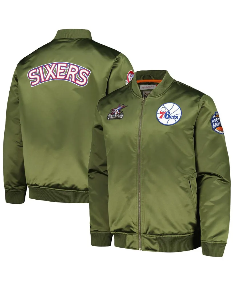 Men's Mitchell & Ness Olive Philadelphia 76ers Hardwood Classics Retro Satin Full-Zip Jacket