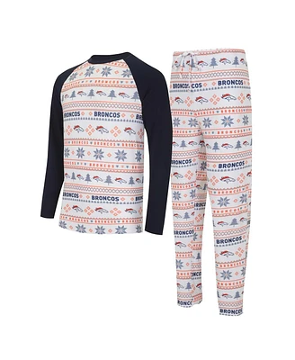 Men's Concepts Sport White, Navy Denver Broncos Tinsel Raglan Long Sleeve T-shirt and Pants Sleep Set