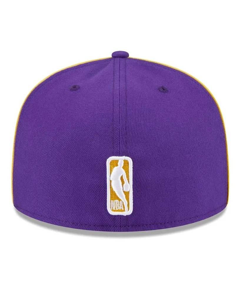 Men's New Era Purple Los Angeles Lakers Piped and Flocked 59Fifty Fitted Hat