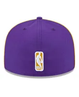 Men's New Era Purple Los Angeles Lakers Piped and Flocked 59Fifty Fitted Hat