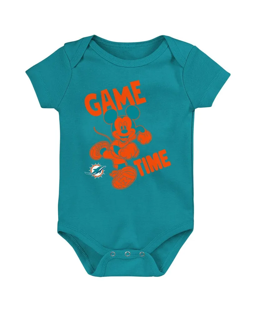 Newborn and Infant Boys and Girls Aqua, Orange, Gray Miami Dolphins Three-Piece Disney Game Time Bodysuit Set