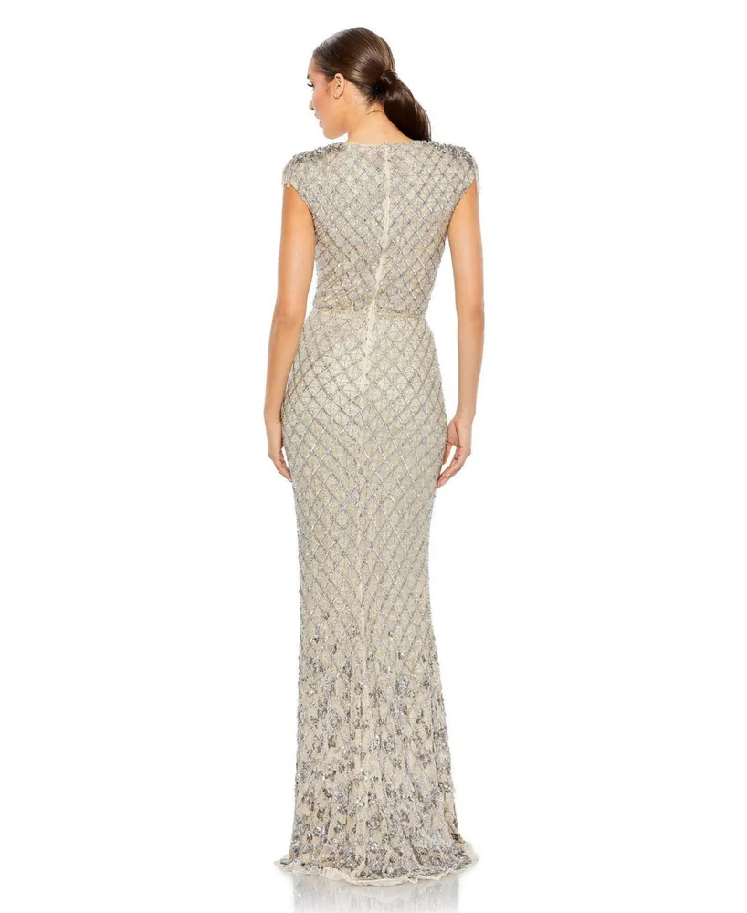 Women's Embellished Crystal Cap Sleeve Column Gown