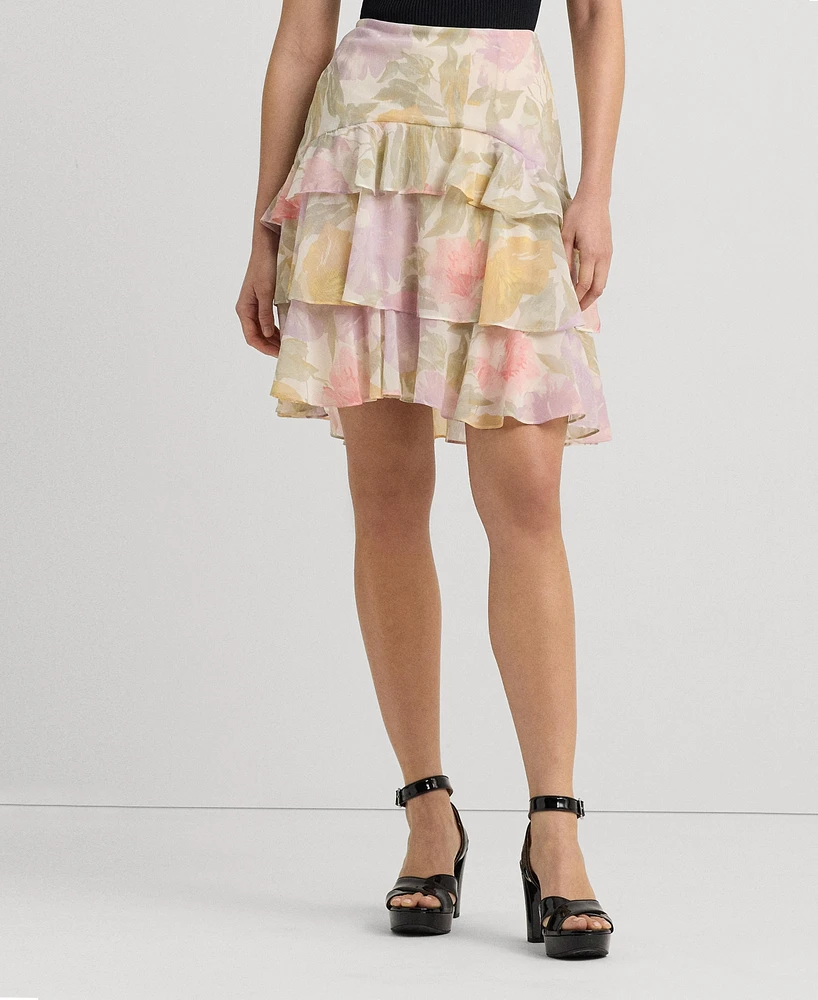 Lauren Ralph Women's Floral Crinkle Georgette Tiered Skirt