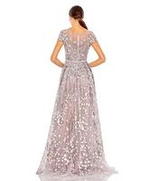 Women's Embellished Floral Cap Sleeve A Line Gown