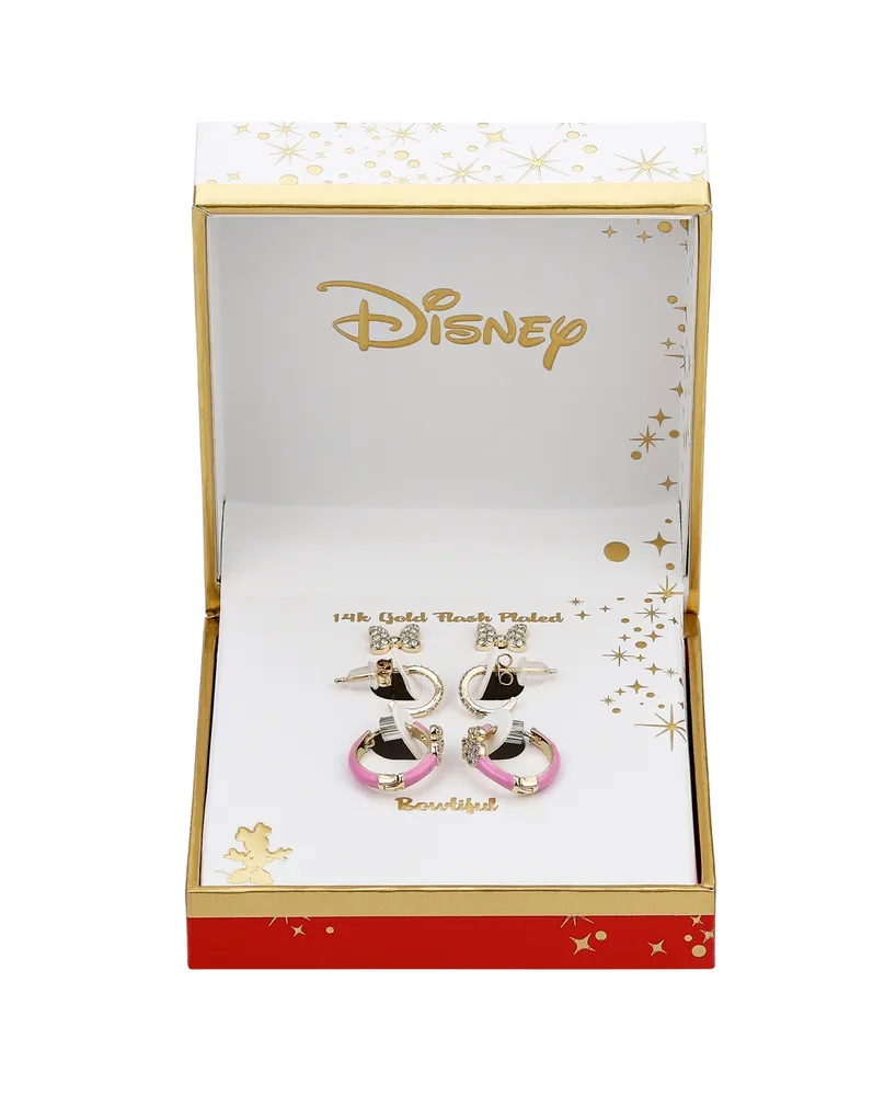 Disney Cubic Zirconia Hoop, Pink Enamel Hoop, and Crystal Bow Minnie Mouse Earring Set