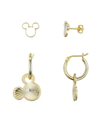 Disney White Enamel Stud and Diamond Cut Mickey Mouse Hoop Earring Set