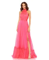 Women's High Neck Tiered Chiffon Halter Gown