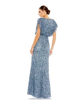 Mac Duggal Women's Draped Sleeve V Neck Gown