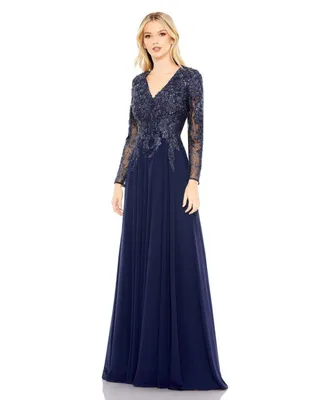 Women's Embroidered Illusion Long Sleeve V Neck Gown