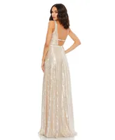 Women's Metallic Sequined Plunge Neck Gown