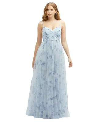 Floral Ruched Wrap Bodice Tulle Dress with Long Full Skirt