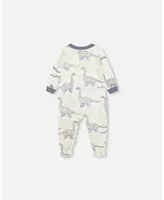 Baby Boy Organic Cotton One Piece Pajama Heather Beige Printed Dinosaurs - Infant