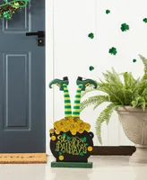 Glitzhome 24" H Wooden St. Patrick's Leprechaun Pot of Gold-Tone Porch Decor