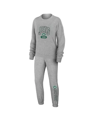 Women's Wear by Erin Andrews Heather Gray New York Jets Knit Long Sleeve Tri-Blend T-shirt and Pants Sleep Set