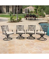 Mondawe Charcoal Gray Cast Aluminum Outdoor Dining Arm Chairs with Flower Pattern Backrest (Set of 4), Beige