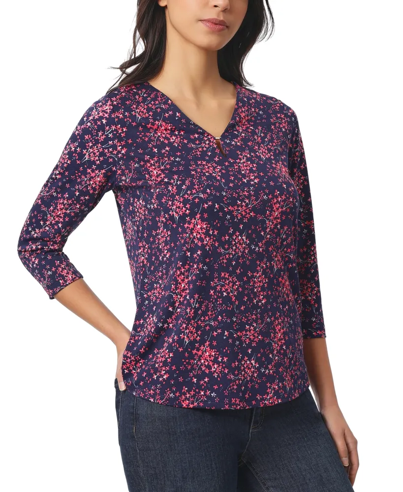 Jones New York Petite Printed Keyhole 3/4-Sleeve V-Neck Top