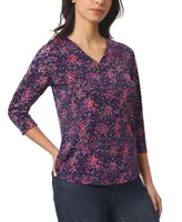 Jones New York Petite Printed Keyhole 3/4-Sleeve V-Neck Top