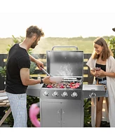 50000BTU 5-Burner Propane Gas Grill with Side Burner and 2 Prep Tables-Silver