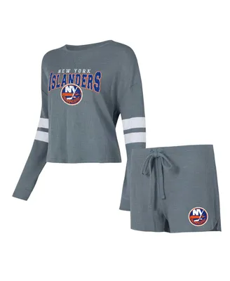Women's Concepts Sport Gray Distressed New York Islanders Meadow Long Sleeve T-shirt and Shorts Sleep Set