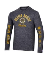 Men's Champion Heather Black Distressed Boston Bruins Multi-Logo Tri-Blend Long Sleeve T-shirt