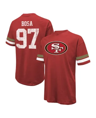 Men's Majestic Threads Nick Bosa Scarlet Distressed San Francisco 49ers Name and Number Oversize Fit T-shirt