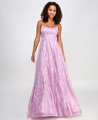 City Studios Juniors' Sequin Embroidered Sleeveless Open-Back Lace-Up Gown, Created for Macy's