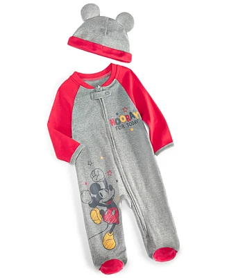 Disney Baby Boys Mickey Mouse Hooray Footed Coverall & Hat, 2 Piece Set
