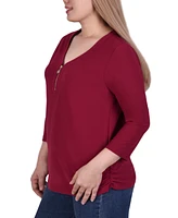 Plus Long Sleeve Crepe Knit V-Neck Top with Zipper