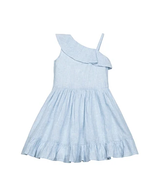 Hope & Henry Girls' Linen One Shoulder Flounce Dress with Ruffle Hem