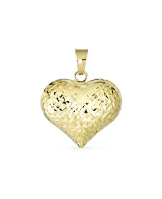 Delicate Sparkling Diamond-Cut Real 14K Yellow Gold Romantic Gift Love Puff Heart Shape Pendant Necklace No Chain