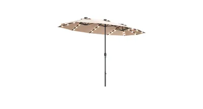 15 ft Patio Led Crank Solar Powered 36 Lights Umbrella without Weight Base-Beige