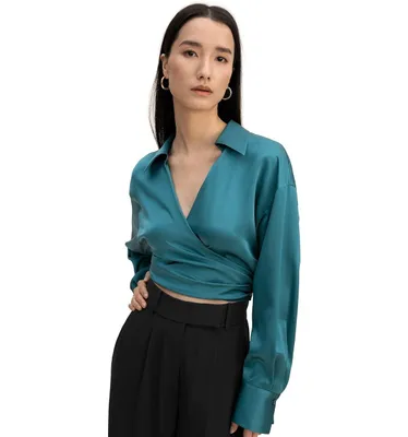 Pure Silk Blouse for Women Wrapover Cropped Shirt