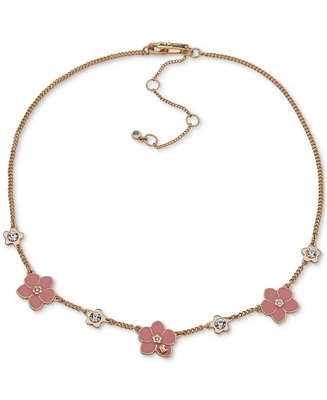 Karl Lagerfeld Paris Gold-Tone Crystal & Pink Flower Statement Necklace, 16" + 3" extender