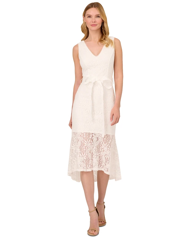 knee length dresses for ladies Red Nude Cap Sleeve Lace Midi Dress main image 1