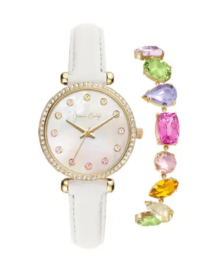 Jessica Carlyle Women's Quartz White Polyurethane Leather Watch 33mm Gift Set