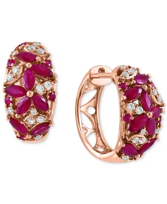 Effy Ruby (1-5/8 ct. t.w.) & Diamond (1/4 ct. t.w.) Flower Cluster Small Huggie Hoop Earrings in 14k Rose Gold, 0.625"