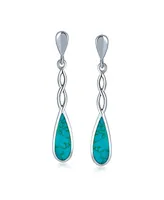 Linear Infinity Spiral Twist Teardrop Blue Turquoise Long Dangle Earrings Western Style For Women Teens .925 Sterling Silver