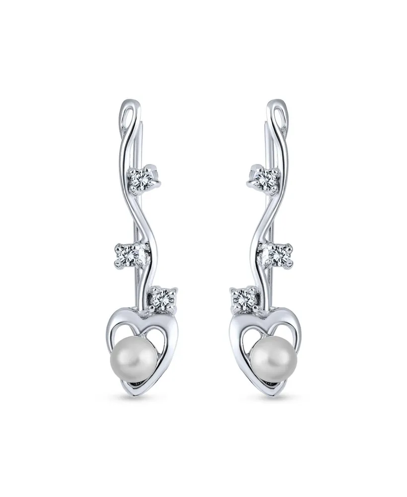Heart White Freshwater Cultured Pearl Wire Ear Pin Climbers Earrings For Women Round Crawlers .925 Sterling Silver