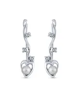 Heart White Freshwater Cultured Pearl Wire Ear Pin Climbers Earrings For Women Round Crawlers .925 Sterling Silver