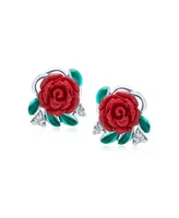 Romantic Delicate Floral Blooming Flower Cz Green Cz Leaf 3D carved Red Rose Stud Earrings For Women Teen .925 Sterling Silver