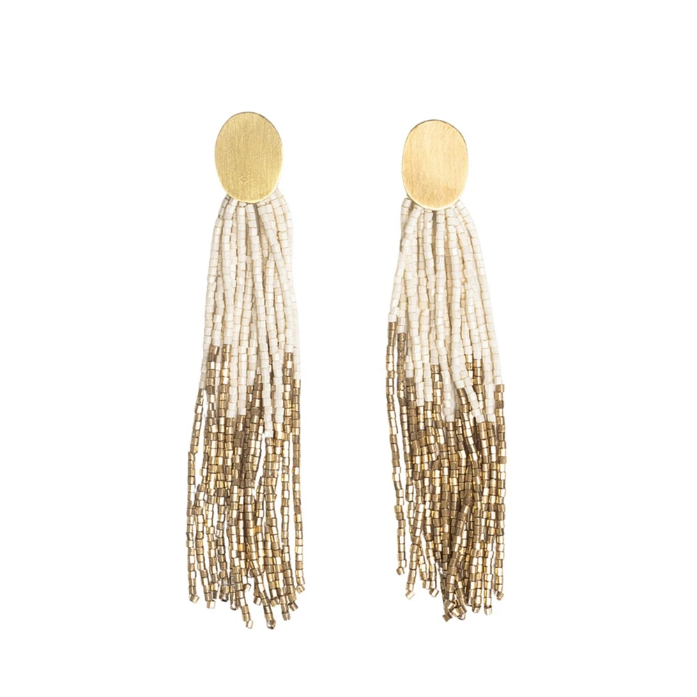 Ink + Alloy Mae Oval Brass Post 2-Color Beaded Tassel Earrings