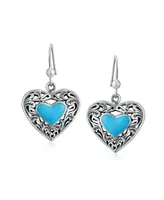 Bling Jewelry Boho Bali Style Scroll Filigree Blue Natural Turquoise Heart Shaped Dangling Earrings For Women Oxidized Sterling Silver Fish Hook